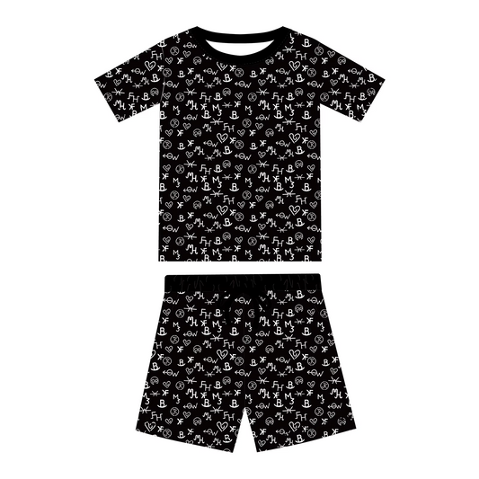 Preorder moq 5 Adult Women Black Letter Top Pockets Short Pajamas Set