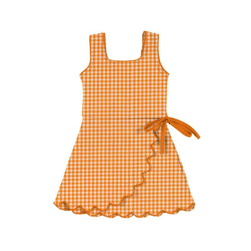 Preorder moq 5 Baby Girls Orange Checked Yoga Active Scallop Shorts Dresses