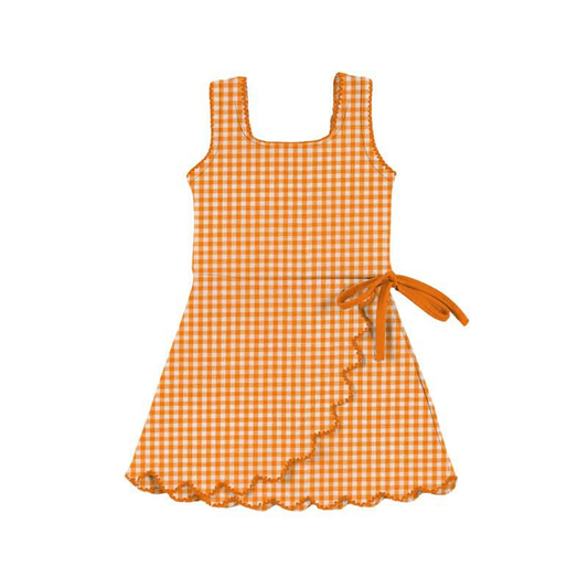 Preorder moq 5 Baby Girls Orange Checked Yoga Active Scallop Shorts Dresses