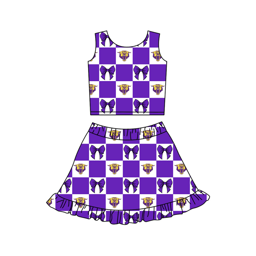 Preorder (moq 5)Baby Girls Purple Bows Wildcats Checked Vest Ruffle Skirt Short Team Clothes Sets