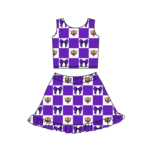 Preorder (moq 5)Baby Girls Purple Bows Wildcats Checked Vest Ruffle Skirt Short Team Clothes Sets