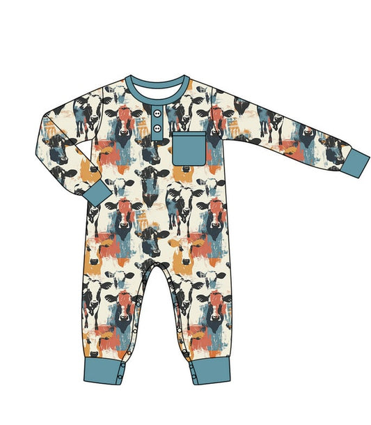 Baby Boys Western Colorful Cow Pocket Rompers preorder(moq 5)