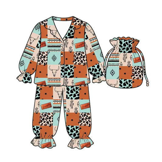 Preorder (moq 5)Baby Girls Bull Skulls Aztec Checked Button Top Ruffle Pants Western Pajamas Set
