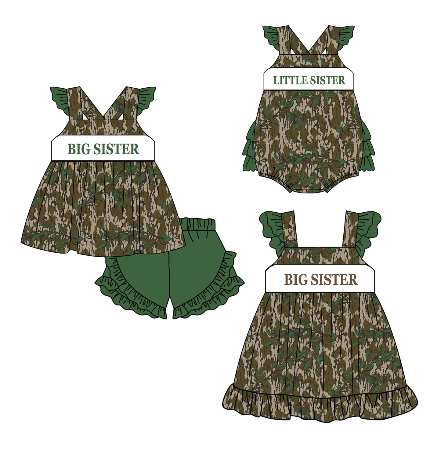 Preorder(moq 5 each)Sibling Baby Girls Green Leaves Camouflage Big Little Sister Straps Romper Dress Shorts Sets