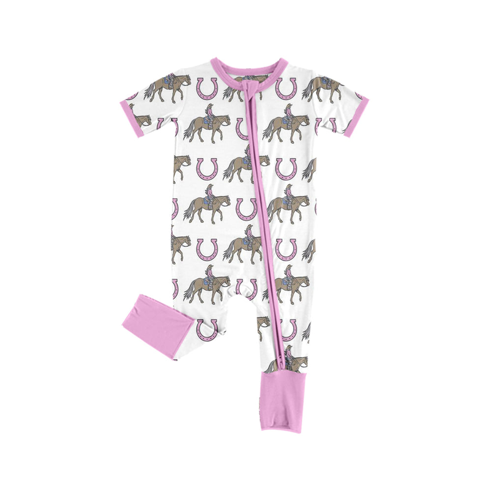 Preorder(moq 5)Baby Infant Girls Western Rodeo Pink Zip Rompers