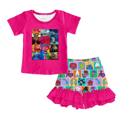 Baby Girls Cartoon Colorful Hair Tee Shirt Ruffle Shorts Clothes Sets preorder (moq 5)