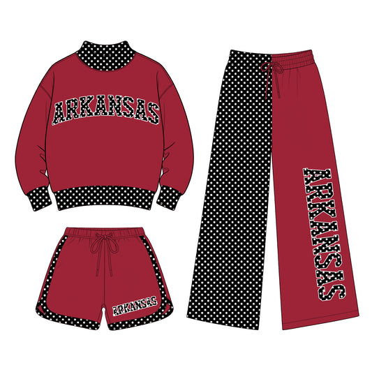 Preorder (moq 5) Baby Girls Arkansas Shirt Shorts Flare Pants Team Three Pieces Clothes Sets