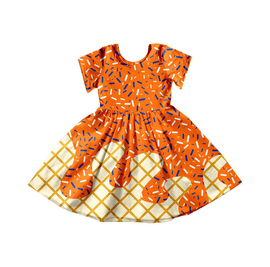 Preorder moq 5 Baby Girls Orange Ice Cream Drips Sprinkles Knee Length Dresses