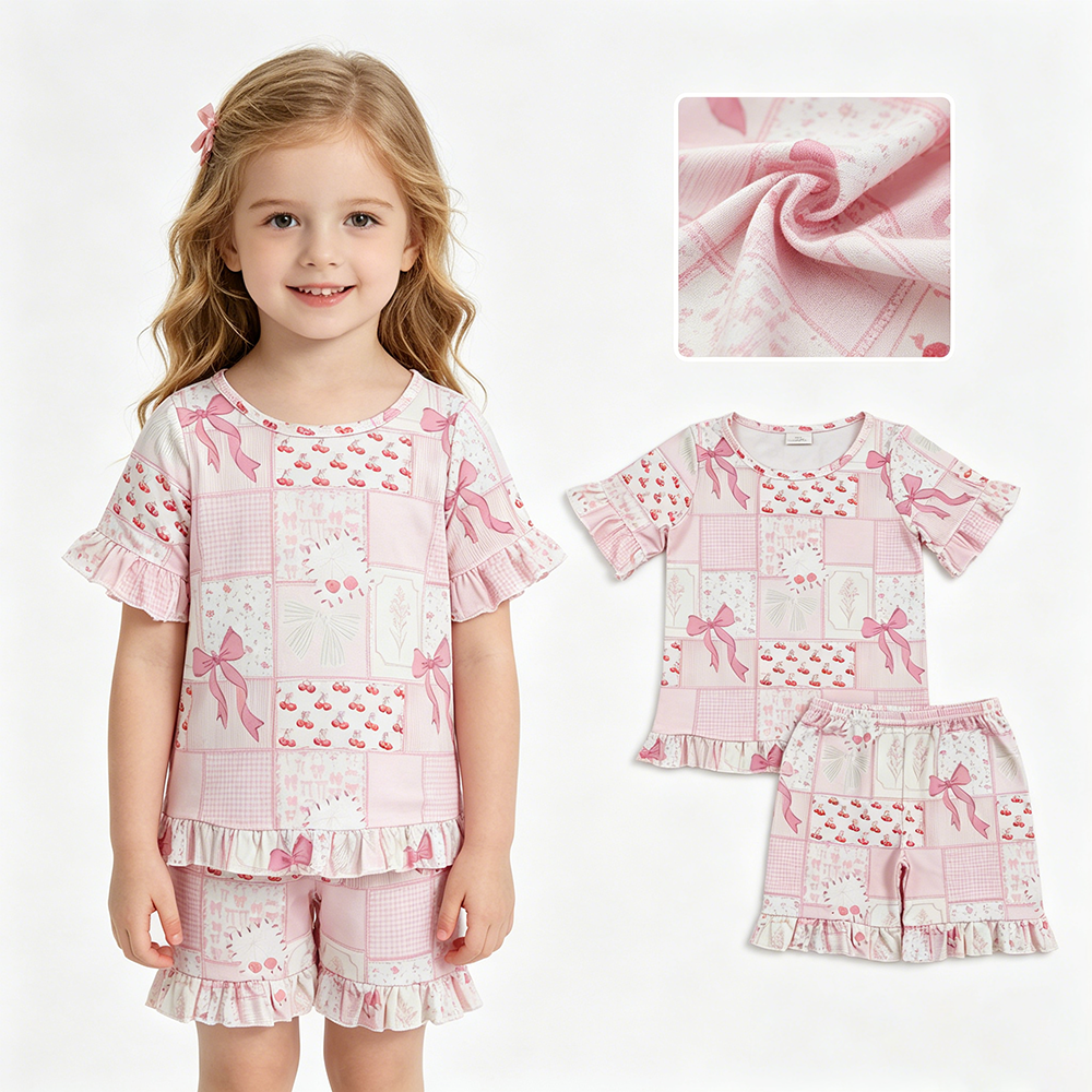 Baby Girls Bows Flowers Checked Top Ruffle Shorts Pajamas Clothes Sets
