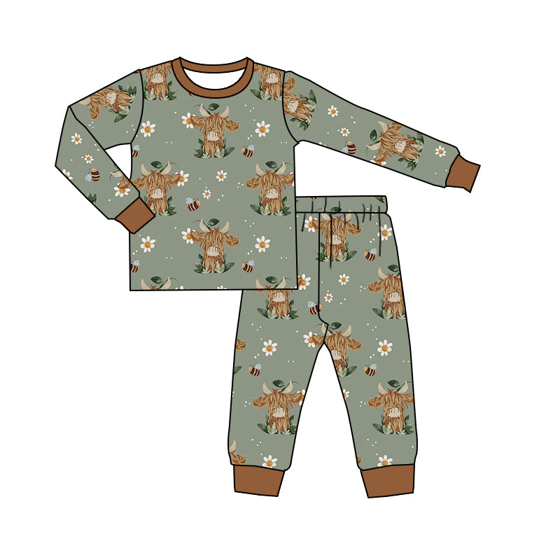 Baby Girls Western Highland Cow Small Flowers Top Pants Pajamas Clothes Sets Preorder(moq 5)