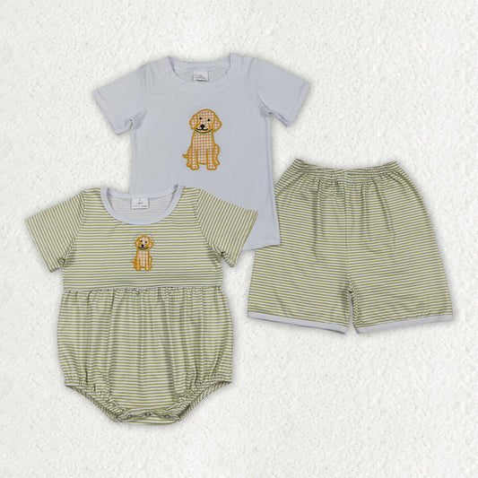 Sibling Baby Boys Embroidery Dogs Top Stripe Short Hunting Clothes Set Rompers