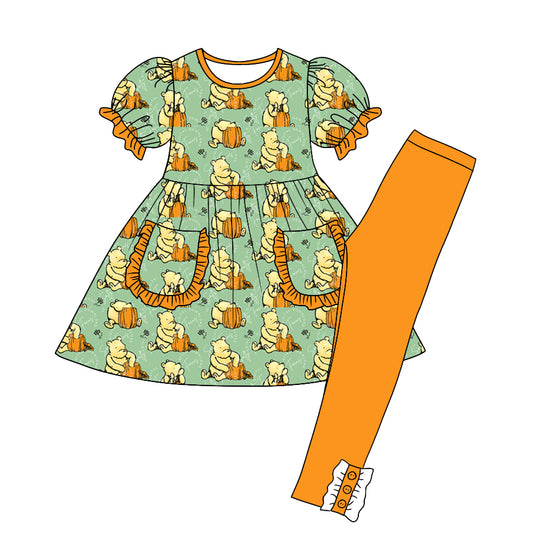 Baby Girls Cartoon Bears Pocket Tunic Top Pants Clothes Sets Preorder(moq 5)