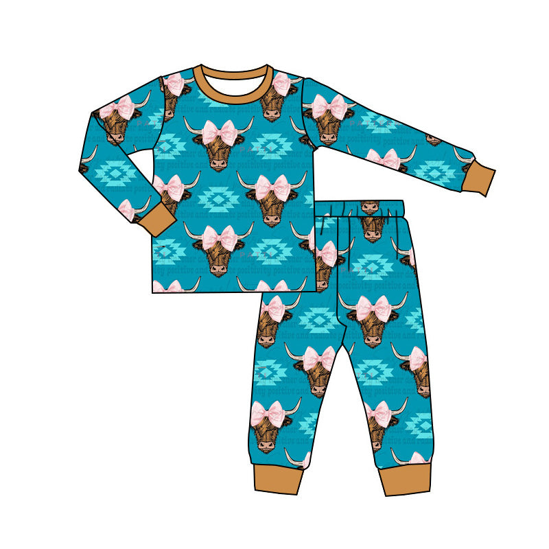 Baby Girls Western Cow Bows Top Pants Pajamas Clothes Sets preorder(MOQ 5)