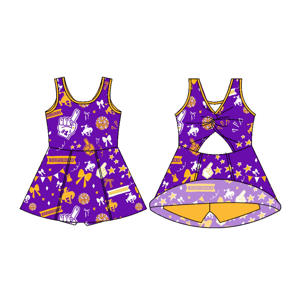 Preorder (moq 5)Baby Girls Sleeveless Purple Roughriders Bows Shorts Team Dresses