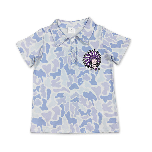 Preorder (moq 5)Baby Boys Light Blue Camo Port Neches-Groves Team Button Polo Shirt Top