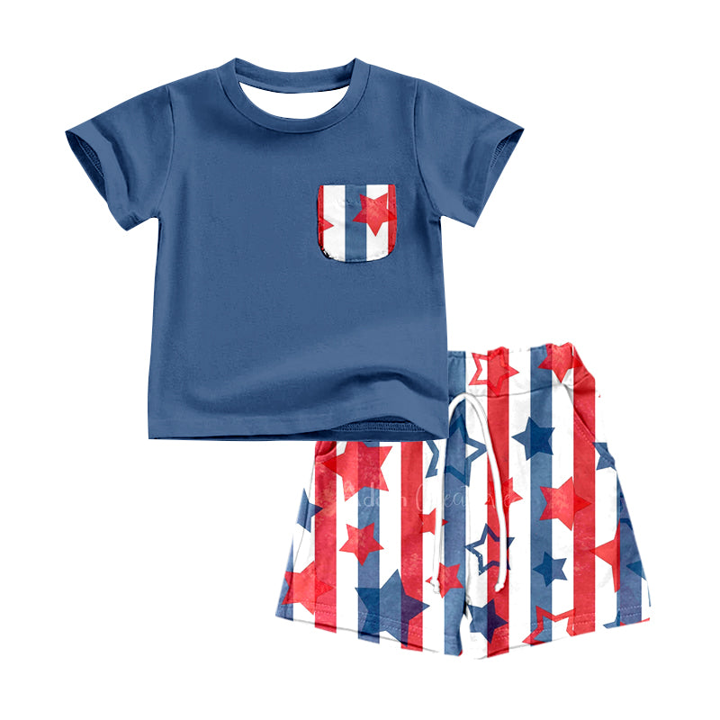 Baby Boys Pocket Shirt Stars Stripes Shorts Pajamas Outfits Sets preorder(moq 5)