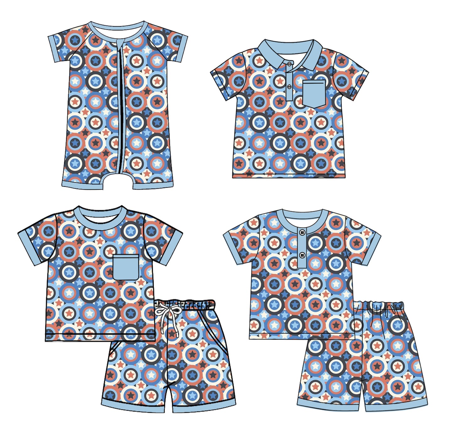 Preorder moq 5 Custom Baby Boys Blue Short Sleeves Red Stars Top Short Pajamas 4th Of July Set Polo Shirts And Zipper Rompers