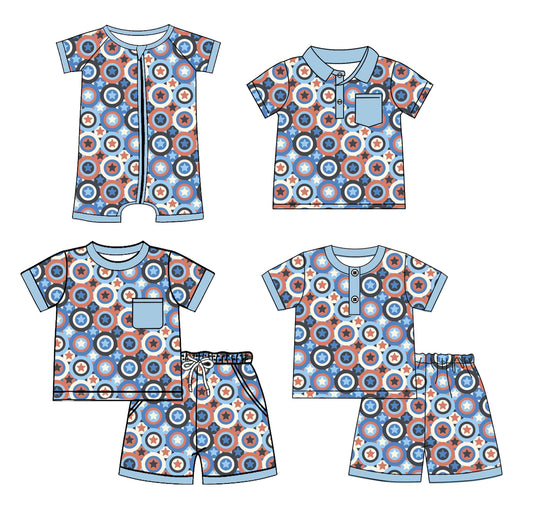 Preorder moq 5 Custom Baby Boys Blue Short Sleeves Red Stars Top Short Pajamas 4th Of July Set Polo Shirts And Zipper Rompers