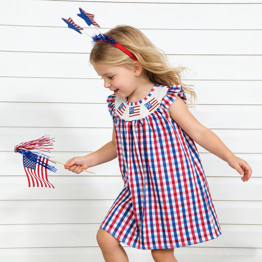 Baby Girls Smocked Flags Red Blue Checked 4th Of July Knee Length Dresses