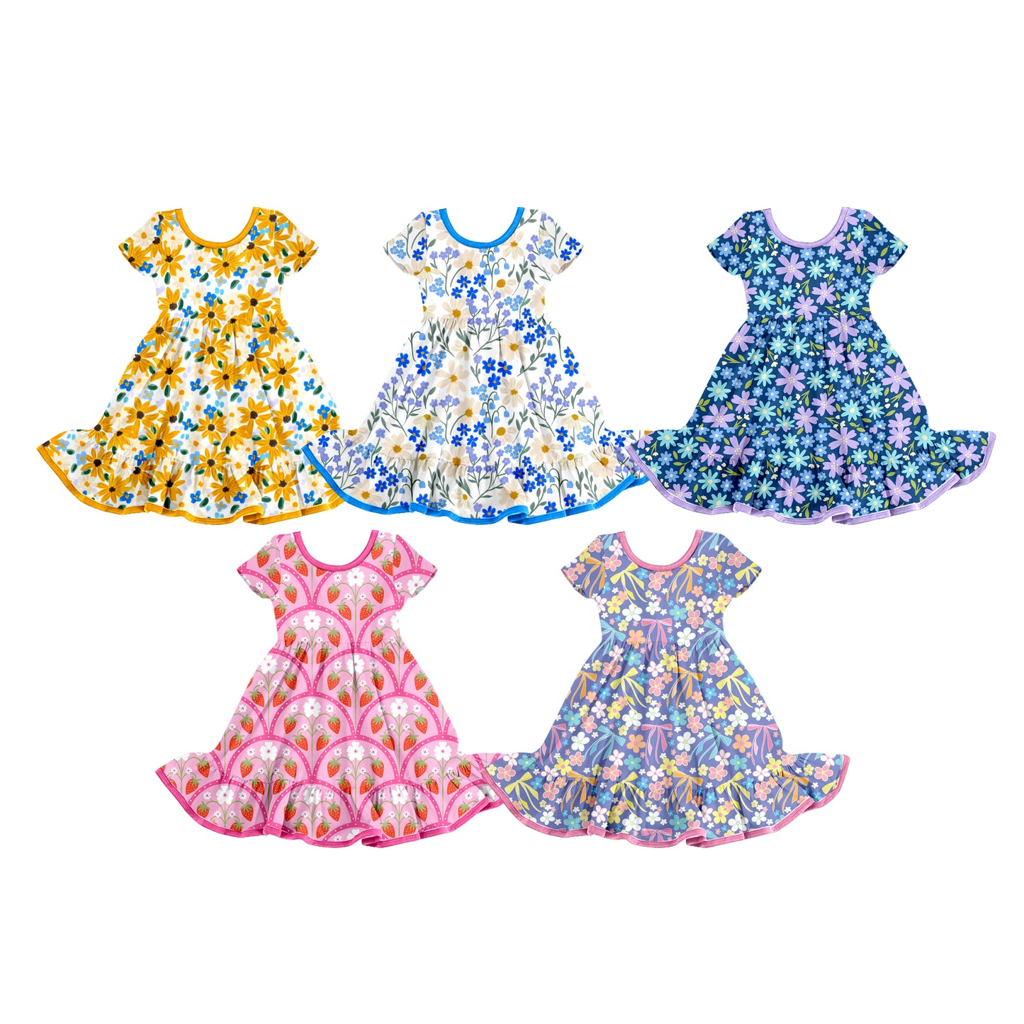 Preorder moq 5 (each item)Baby Girls Colorful Flowers Short Sleeve Ruffle Knee Length Dresses