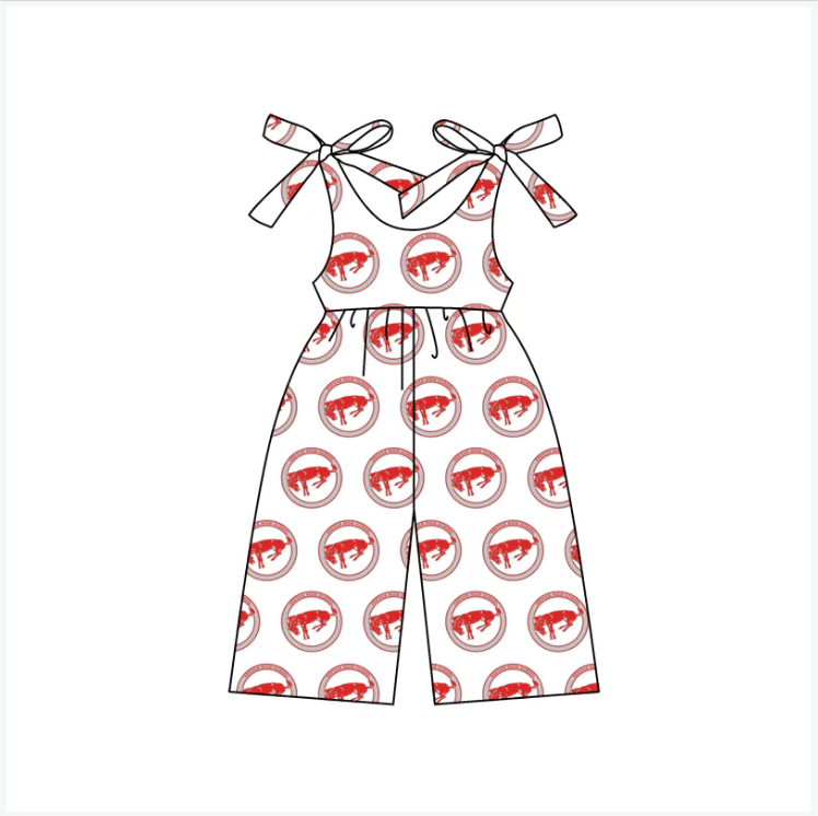 Preorder (moq 5)Baby Girls Strap Red Horses Team Pants Jumpsuits