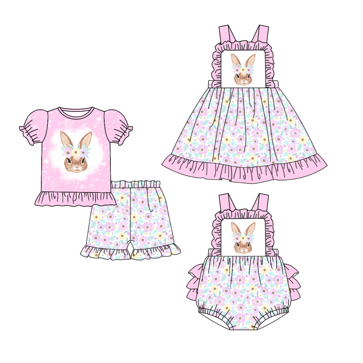 Preorder(moq 5 each)Sibling Baby Girls Easter Rabbits Flowers Romper Dress Shorts Sets