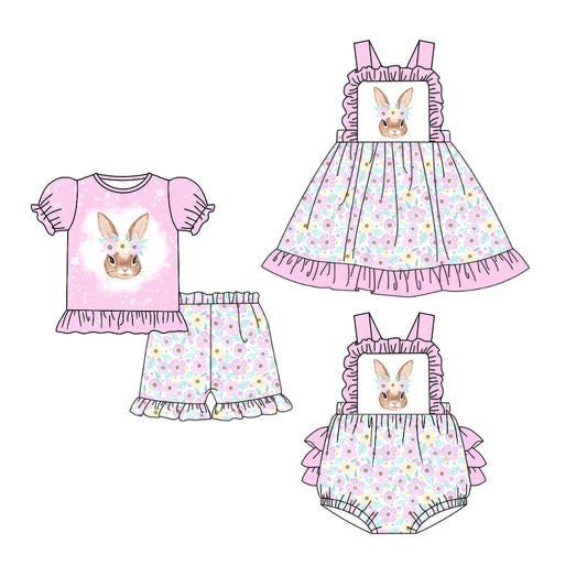 Preorder(moq 5 each)Sibling Baby Girls Easter Rabbits Flowers Romper Dress Shorts Sets