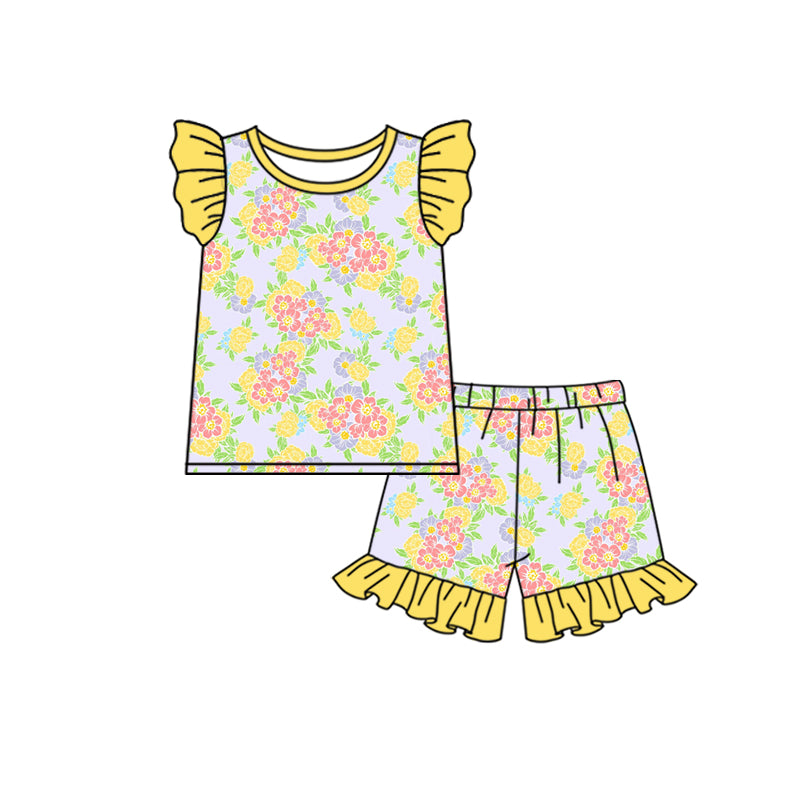 Baby Girls Yellow Flowers Top Ruffle Shorts Clothes Sets Preorder