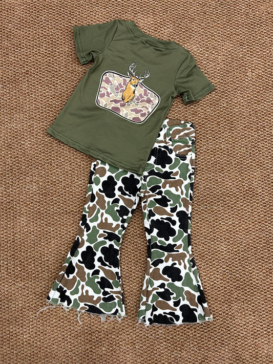 Baby Girls Deer Shirt Camouflage Bell Denim Pants Clothes Sets