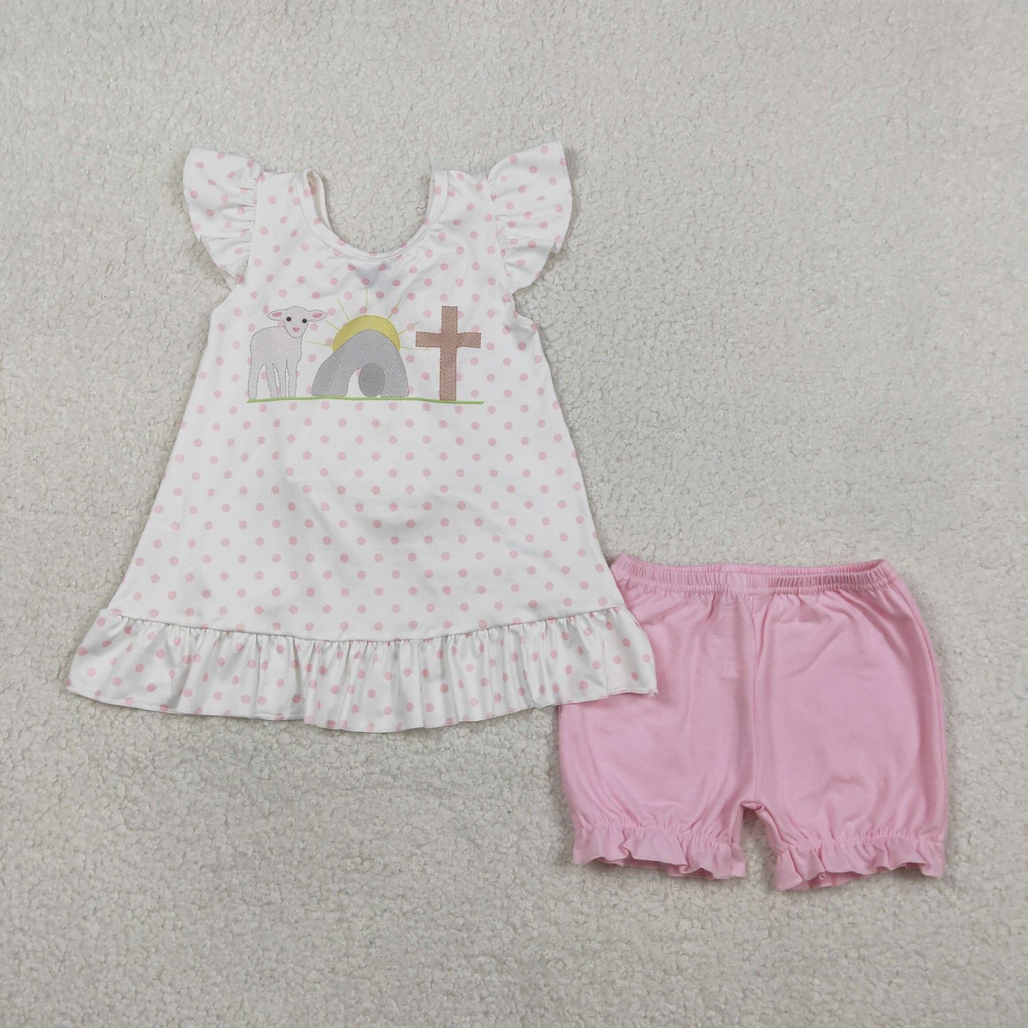Baby Girls Cross Polka Dots Back Bow Tunic Ruffle Short Easter Clothes Sets