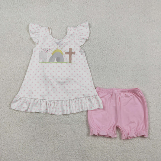 Baby Girls Cross Polka Dots Back Bow Tunic Ruffle Short Easter Clothes Sets