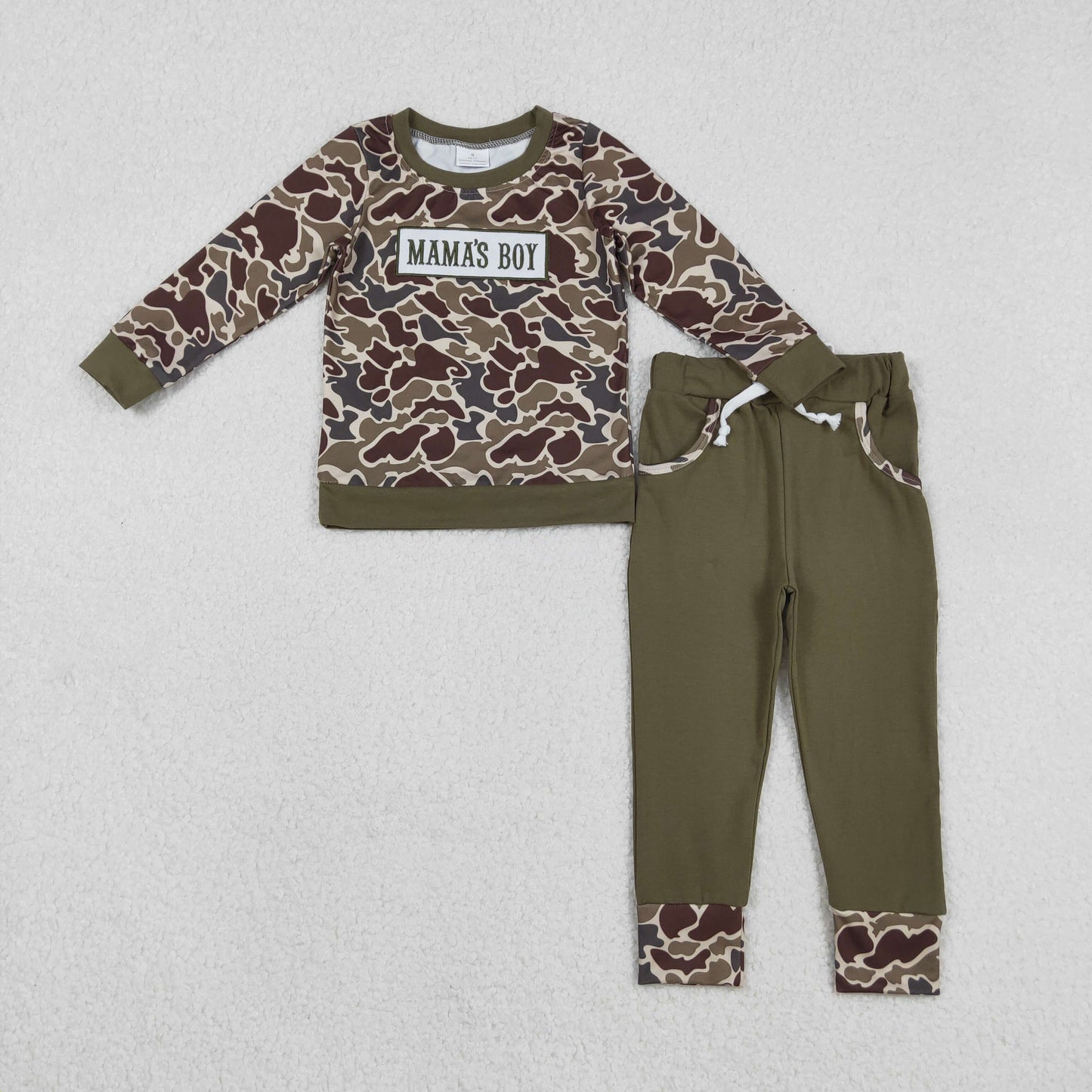 Embroidery Mama's Boy Baby Boys Dark Khaki Camo Top Pockets Jogger Pants Clothes Sets