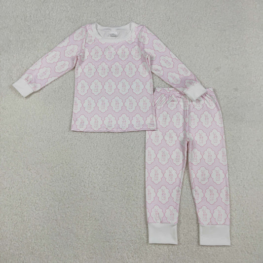 Baby Girls Pink Rabbits Eggs Checked Top Pants Easter Pajamas Sets