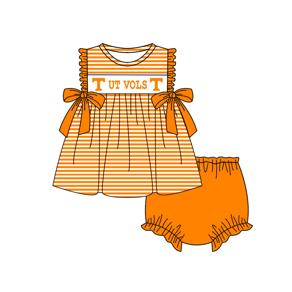 Preorder (moq 5)Baby Girls Orange T Ut Vols Stripe Bows Tunic Bummies Team Clothes Sets