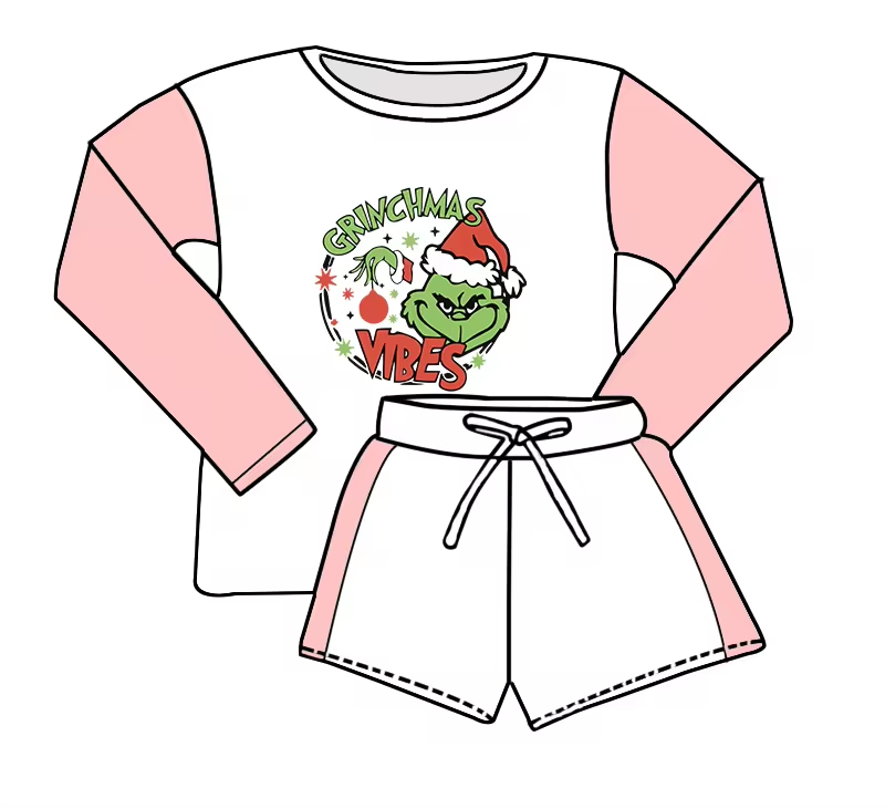 Baby Girls Christmas Green Face Shirt Top Shorts Clothes Sets Preorder(moq 5)