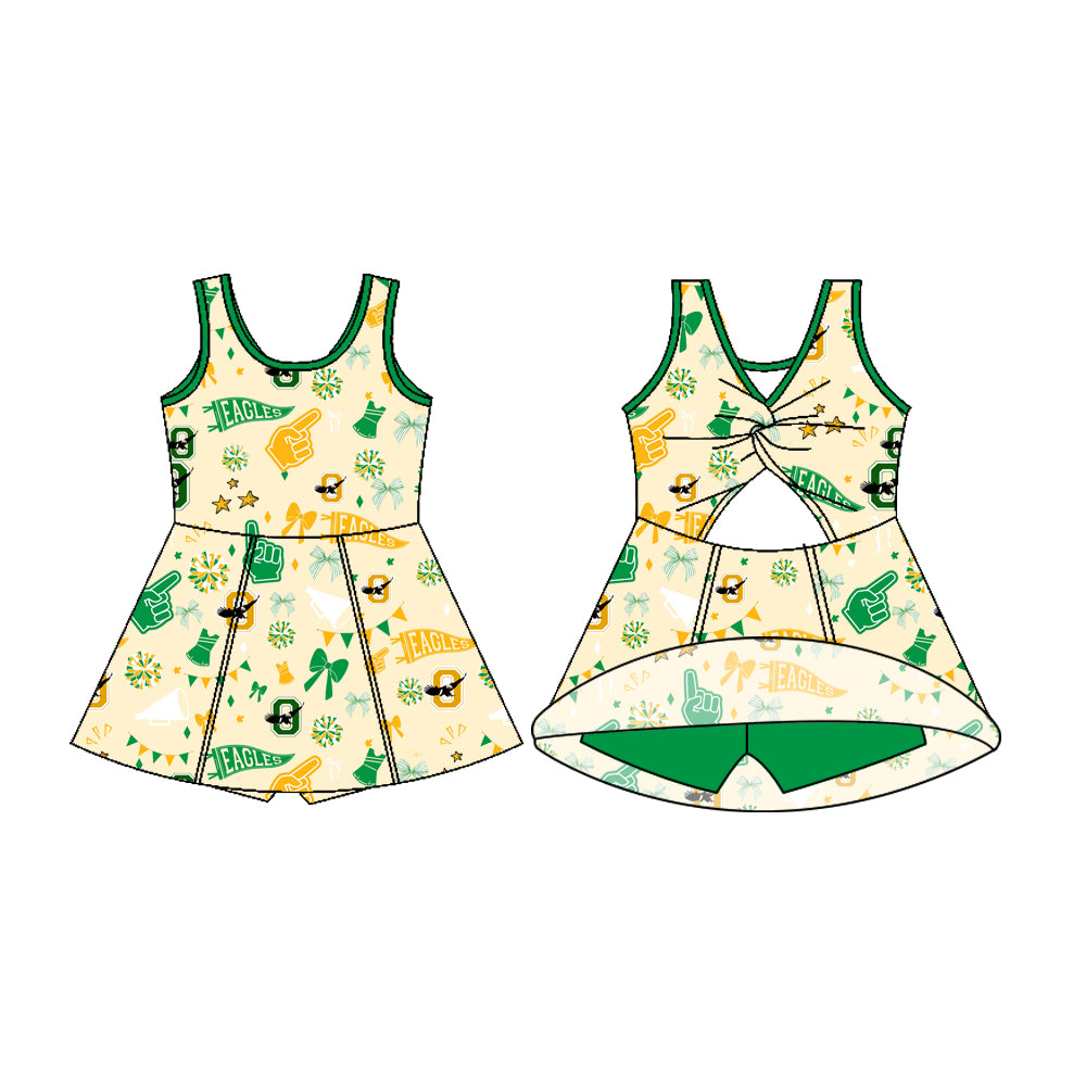 Preorder (moq 5)Baby Girls Sleeveless Green Eagles Bows Shorts Team Dresses