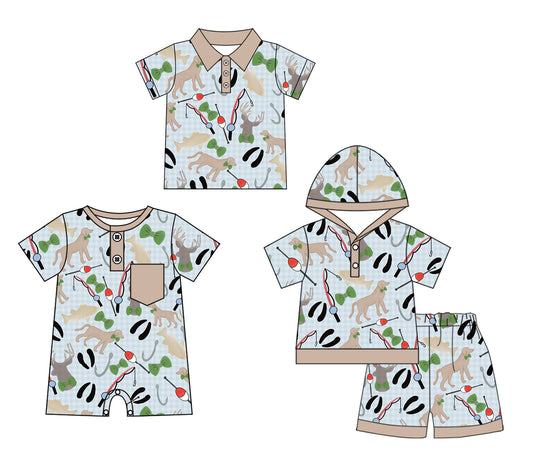 Preorder moq 5 Custom Baby Boys Khaki Short Sleeves Button Fishing Hoodie Short Set Polo Shirt And Rompers