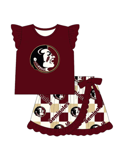 Preorder moq 5 Baby Girls Dark Red Flutter Sleeves Seminoles Top Plaid Ruffle Skorts Team Set