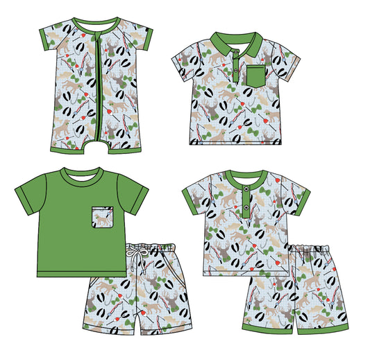 Preorder moq 5 Custom Baby Boys Green Short Sleeves Dogs Fishing Top Short Pajamas Set Polo Shirts And Zipper Rompers