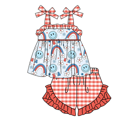 Baby Girls 4th Of July Smile Rainbow Straps Tunic Ruffle Shorts Clothes Sets preorder(moq 5)