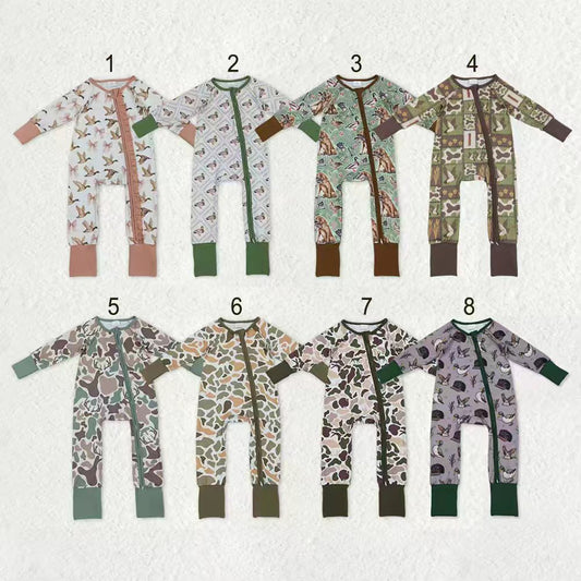 Sibling Baby Kids Ducks Camo Southern Hunting Two Way Zipper Convertible Rompers
