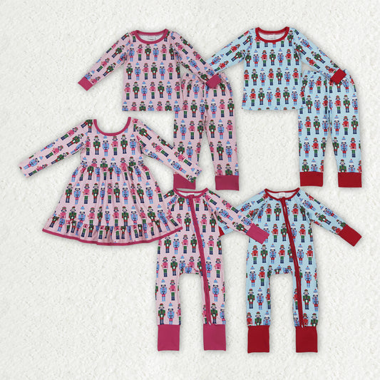 Sibling Baby Boys Girls Soldiers Checked Christmas Ruffle Knee Length Dress Pajamas Sets Footie Rompers