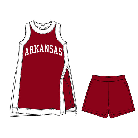 Preorder moq 5 Baby Girls White Red Arkansas Split Tunic Pockets Short Team Clothes Sets