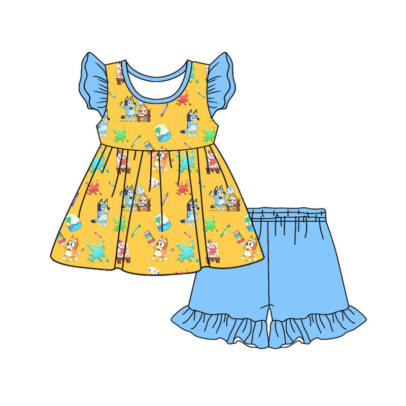 Preorder (moq 5)Baby Girls Sister Dog Back To School Tunic Top Ruffle Shorts Sets