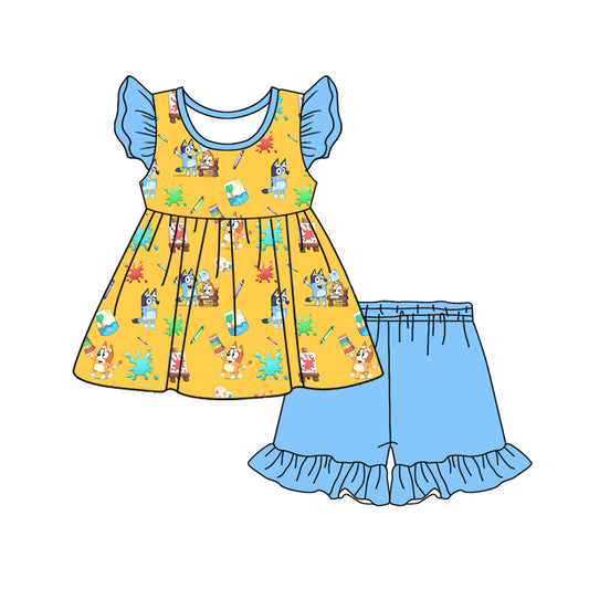 Preorder (moq 5)Baby Girls Sister Dog Back To School Tunic Top Ruffle Shorts Sets