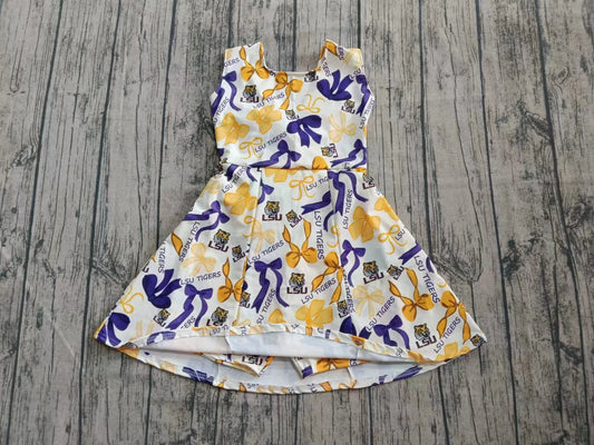 Preorder (moq 5)Baby Girls Purple Yellow Bows LSU Tiger Shorts Team Knee Length Dresses