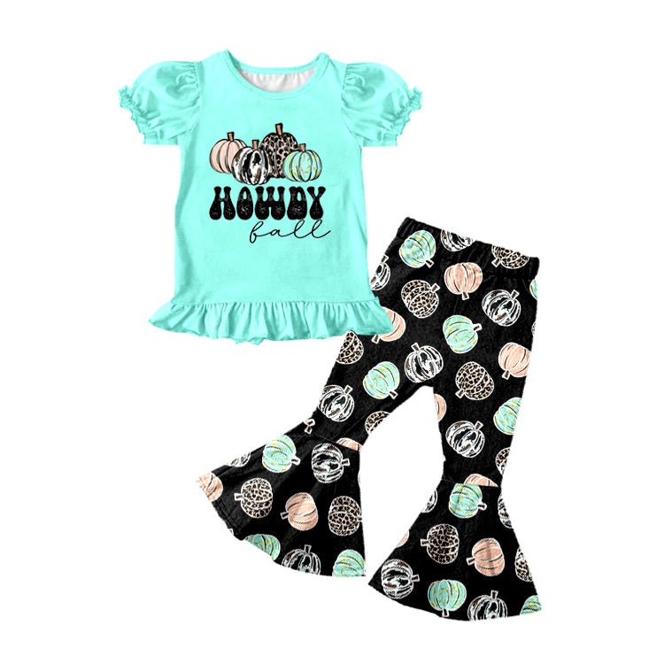 Baby Girls Howdy Pumpkin Turquoise Top Bell Pants Clothes Outfits Sets preorder(moq 5)