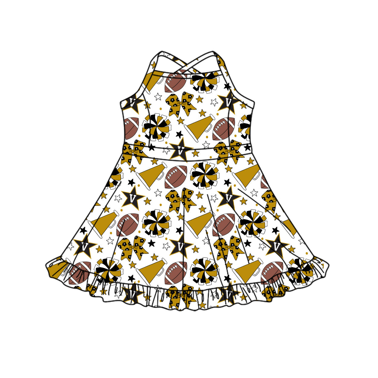 Preorder (moq 5)Baby Girls Strap Bows Stars Footballs Team Shorts Ruffle Knee Length Dress