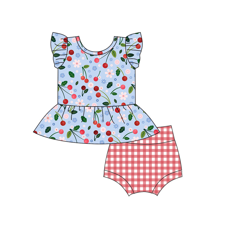 Baby Girls Toddler Blue Cherry Top Bummie Sets preorder(moq 5)