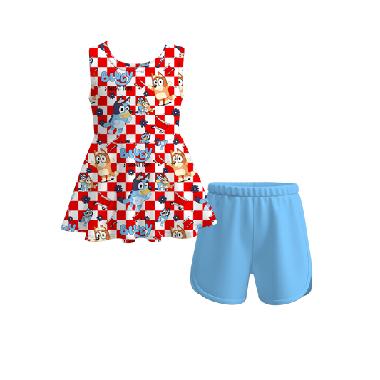 Baby Girls Dogs Red Checkered Sleeveless Tunic Top Shorts Clothes Sets preorder (moq 5)